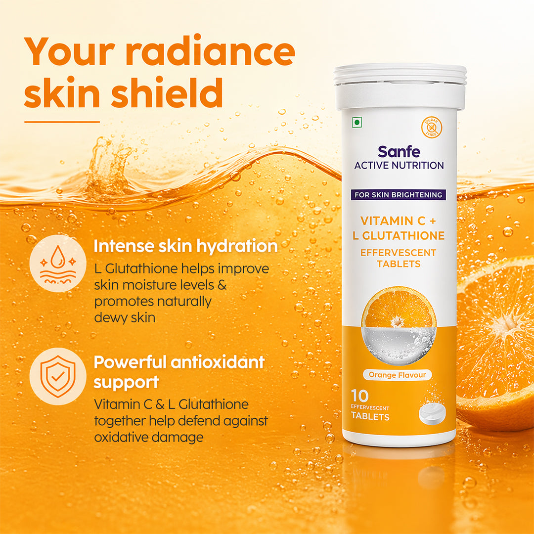 Sanfe Effervescent Tablets, Vitamin C + L Glutathione (Orange) | For Skin Brightening, 10 Tablets