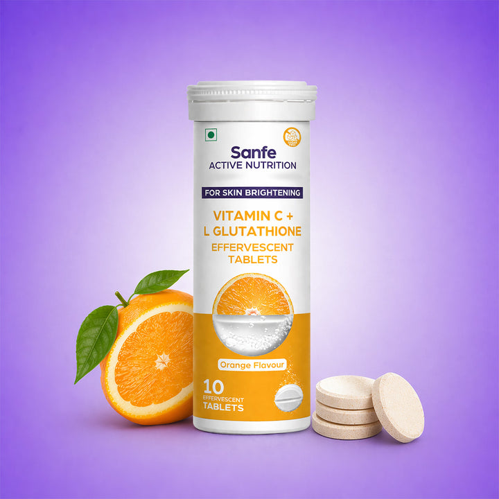 Sanfe Effervescent Tablets, Vitamin C + L Glutathione (Orange) | For Skin Brightening, 10 Tablets