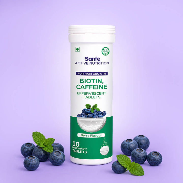 Sanfe Effervescent Tablets, Biotin & Caffeine (Berry) - For Hair Growth, supports long hair, 10 Tablets
