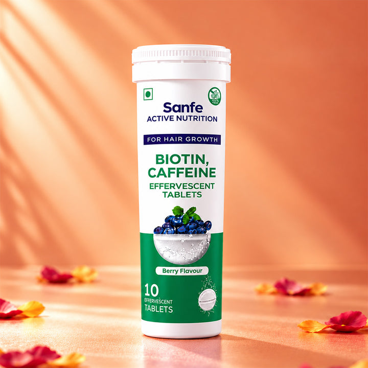 Sanfe Effervescent Tablets, Biotin & Caffeine (Berry) - For Hair Growth, supports long hair, 10 Tablets