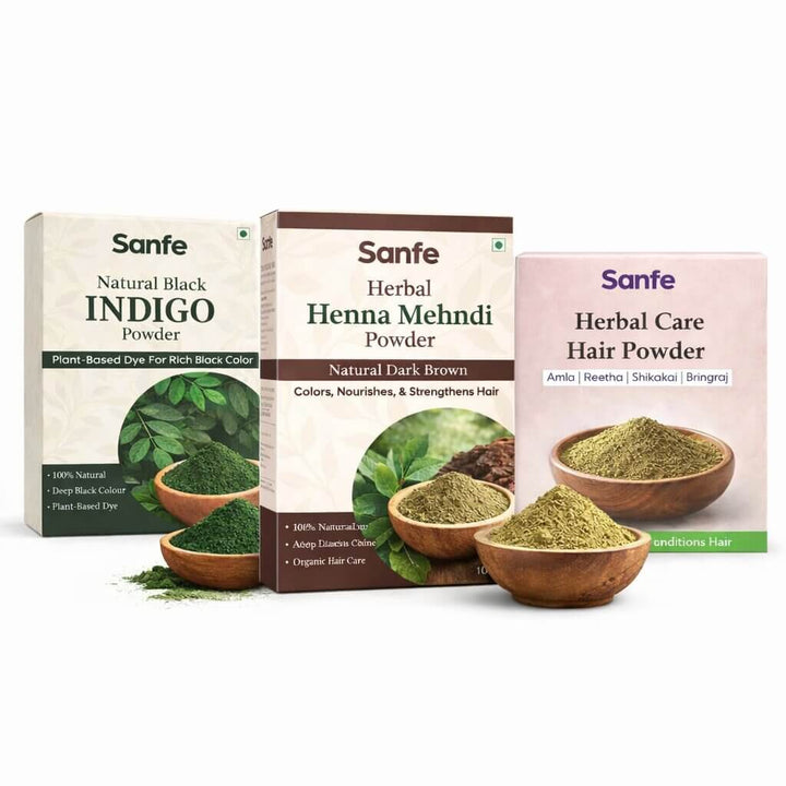 Sanfe Herbal Hair Color Combo – Amla Reetha Shikakai Bhringraj Powder 200g + Natural Henna Mehendi 100g + Organic Indigo Powder 100g | 100% Natural Hair Care & Grey Coverage