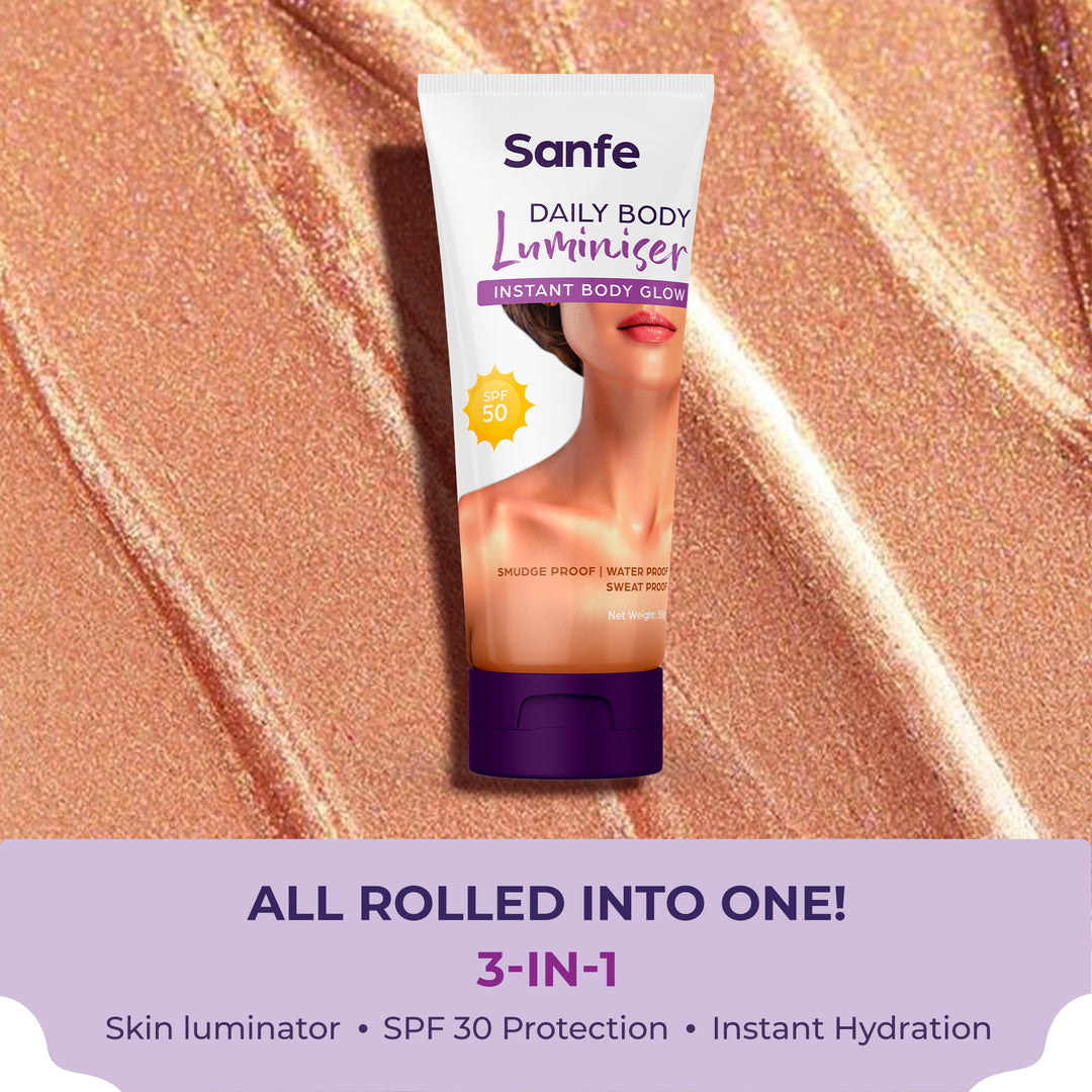 Sanfe Daily Body Luminiser | Instant Body Highlighter For Women | SPF 50 Smudge Proof | Daily Complexion Booster | 50g