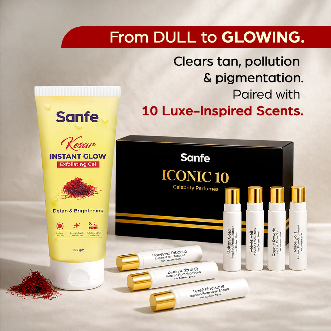 Sanfe Glow & Glam Combo: ICONIC10 Perfume Set + Kesar Exfoliating Gel