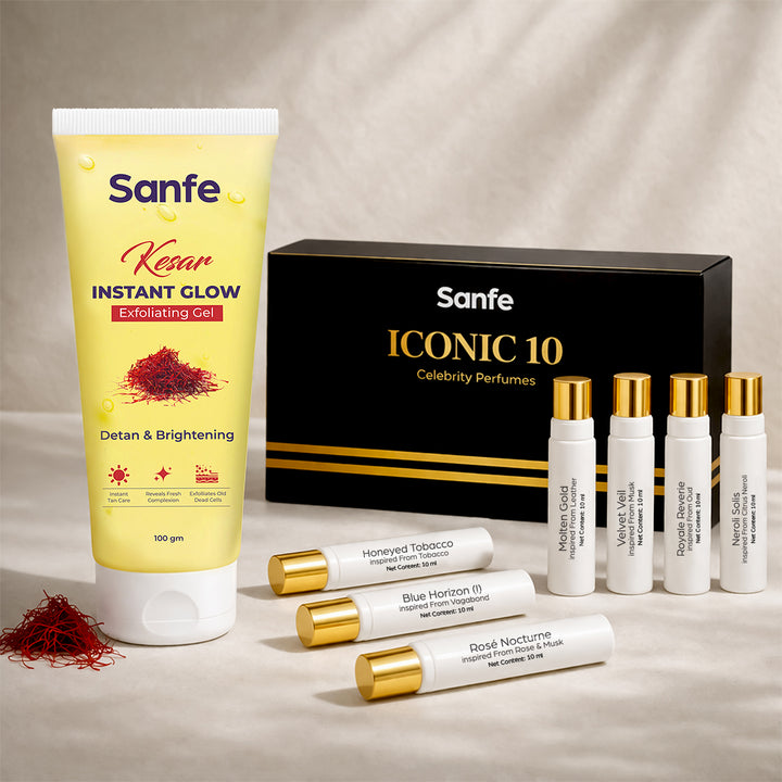 Sanfe Glow & Glam Combo: ICONIC10 Perfume Set + Kesar Exfoliating Gel