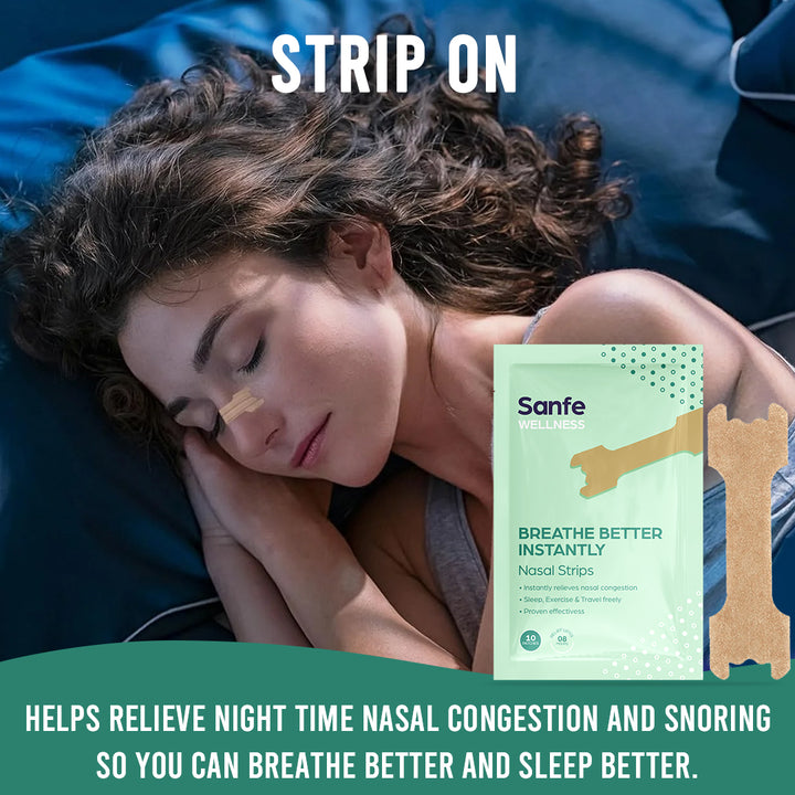 Sanfe Nasal Strips | Breathe Better Instantly | Relieves nasal congestion | No side effects, 8 hr relief | 10 Patches, For men & women