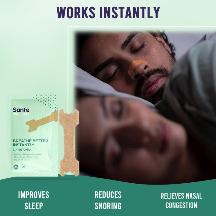 Sanfe Nasal Strips | Breathe Better Instantly | Relieves nasal congestion | No side effects, 8 hr relief | 10 Patches, For men & women