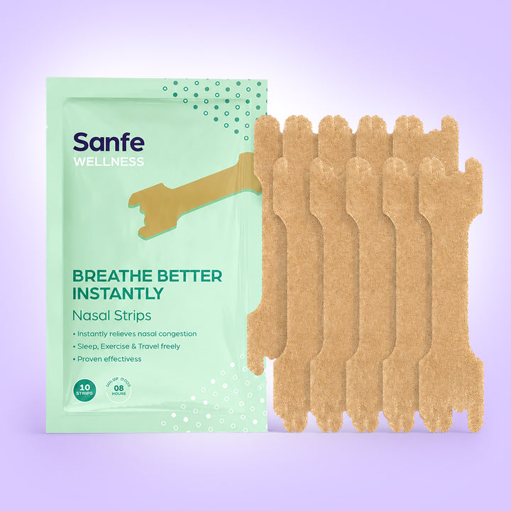 Sanfe Nasal Strips | Breathe Better Instantly | Relieves nasal congestion | No side effects, 8 hr relief | 10 Patches, For men & women