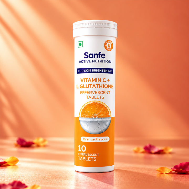 Sanfe Effervescent Tablets, Vitamin C + L Glutathione (Orange) | For Skin Brightening, 10 Tablets