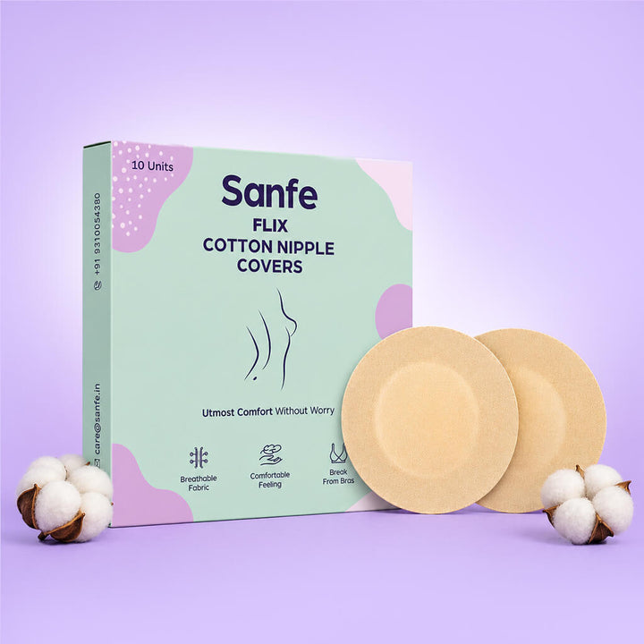 Sanfe Flix Cotton Nipple Covers | 10 Breathable Nipple Pasties | No Show Bra For Women, Skin Friendly Adhesive, disposable