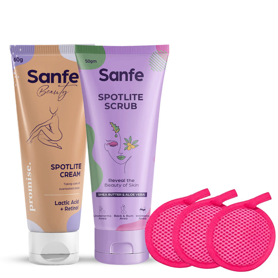 Sanfe 3 Steps Body Care Spotlite Kit | For Dark & Tanned Neck | 3X Quicker Penetration with Glycodeep Technology | Spotlite Cream, Scrub & Cleansing Pads | For Dark Patches, Detanning, anti-ageing and Skin Tightening