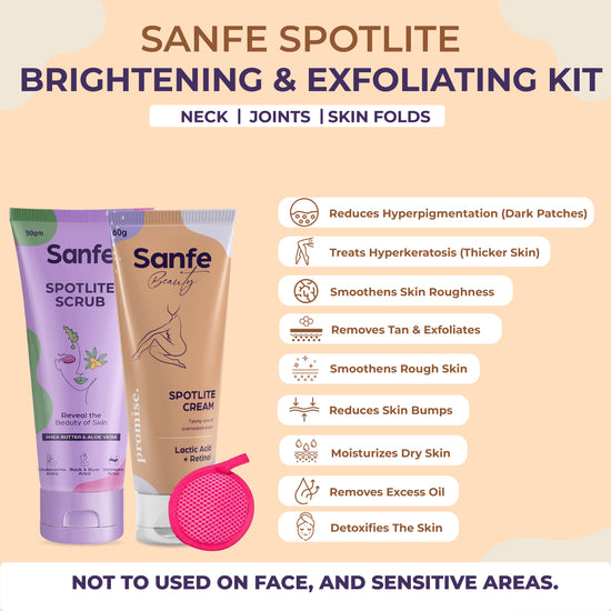 Sanfe 3 Steps Body Care Spotlite Kit | For Dark & Tanned Neck | 3X Quicker Penetration with Glycodeep Technology | Spotlite Cream, Scrub & Cleansing Pads | For Dark Patches, Detanning, anti-ageing and Skin Tightening