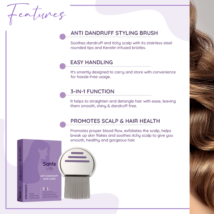 Sanfe Selfly Anti-Dandruff Hair Comb with 3-in-1 Function to Get Dandruff Free, Exfoliated & Healthy Hair
