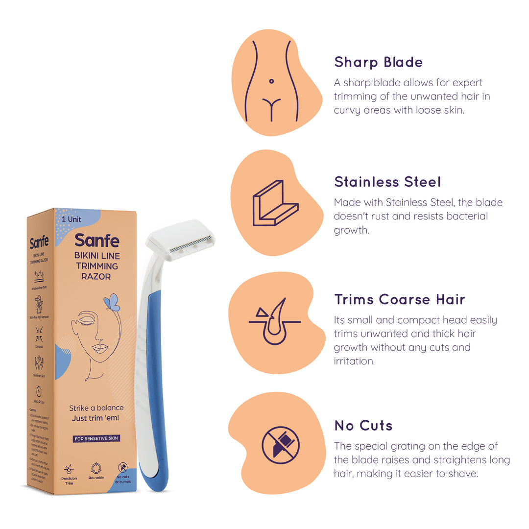 Sanfe Bikini Line Trimming Razor - Stainless steel blade, safety cap, comfortable, anti-slip grip