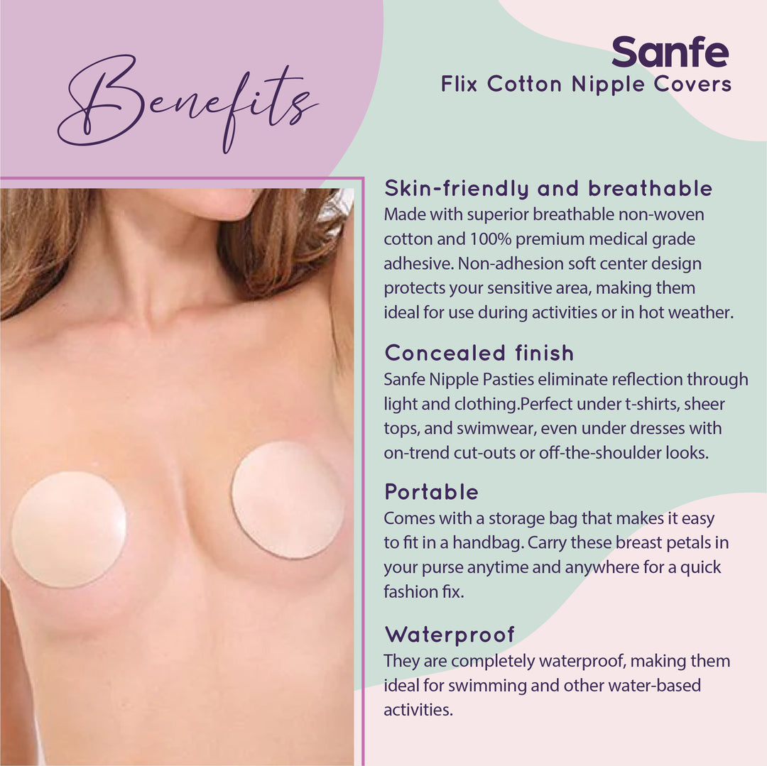 Sanfe Flix Cotton Nipple Covers | 10 Breathable Nipple Pasties | No Show Bra For Women, Skin Friendly Adhesive, disposable