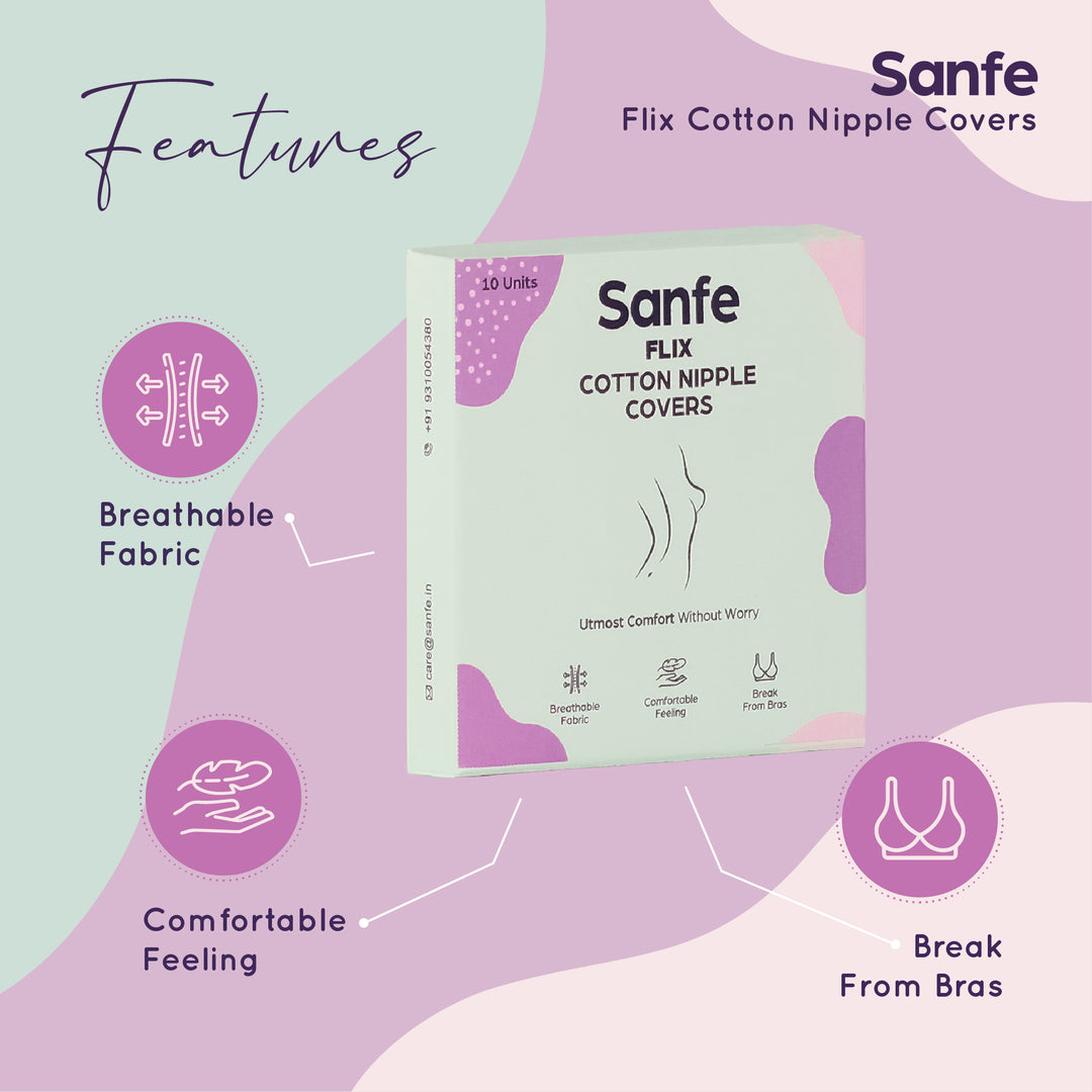 Sanfe Flix Cotton Nipple Covers | 10 Breathable Nipple Pasties | No Show Bra For Women, Skin Friendly Adhesive, disposable
